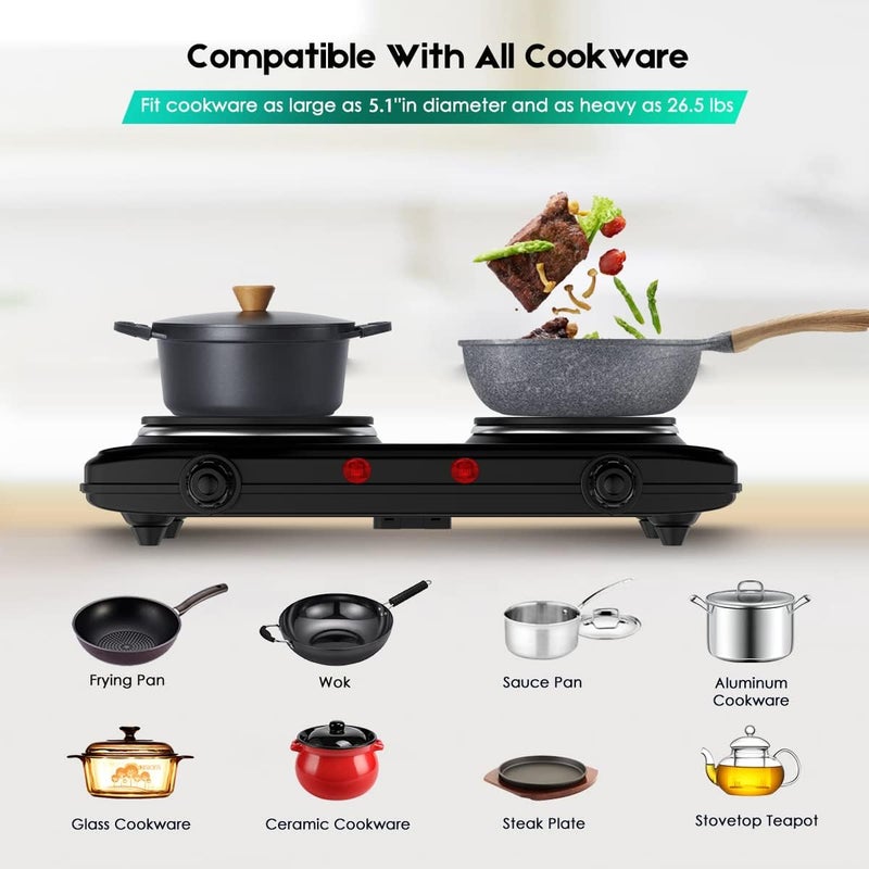 CUKOR Double Cast Iron 2 Burner, 1800W Countertop Burner, Dual Electric Stove Burners, Portable Double Burner for Cooking - Image 2